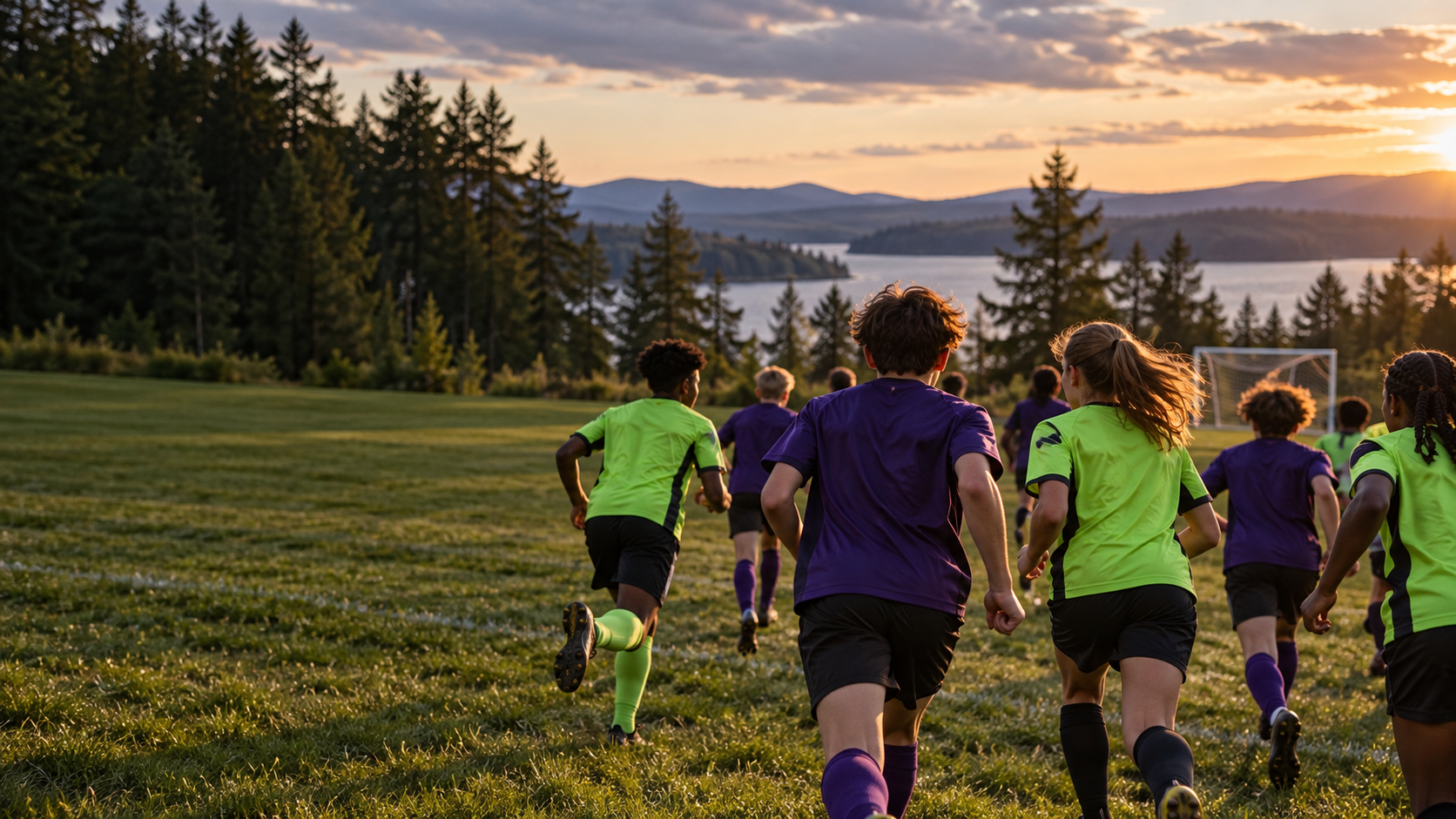 Young soccer players together on a field